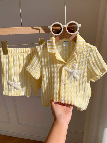 2pcs Unisex Baby Boy/Girl Casual Cute Striped Short Sleeve Shirt And Shorts Set, Baby Boy Outfit Sets, Baby Boy Summer Clothes