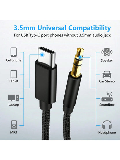 3.5ft USB-C To AUX Audio Cable, Type-C To 3.5mm Male Headphone Audio Jack Cord/AUX Cord/3.5mm Earphone Car Stereo Cable, More Compatible Than Other USB-C To 3.5mm AUX Audio Cables For Most Type-C Phon