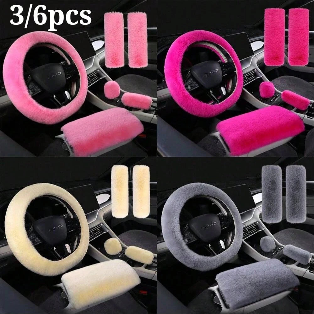 3/6pcs Winter Rabbit Plush Car Steering Wheel Cover Elastic Handle Cover Hand Brake Gear Set Car Accessories Interior