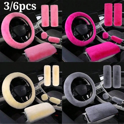 3/6pcs Winter Rabbit Plush Car Steering Wheel Cover Elastic Handle Cover Hand Brake Gear Set Car Accessories Interior