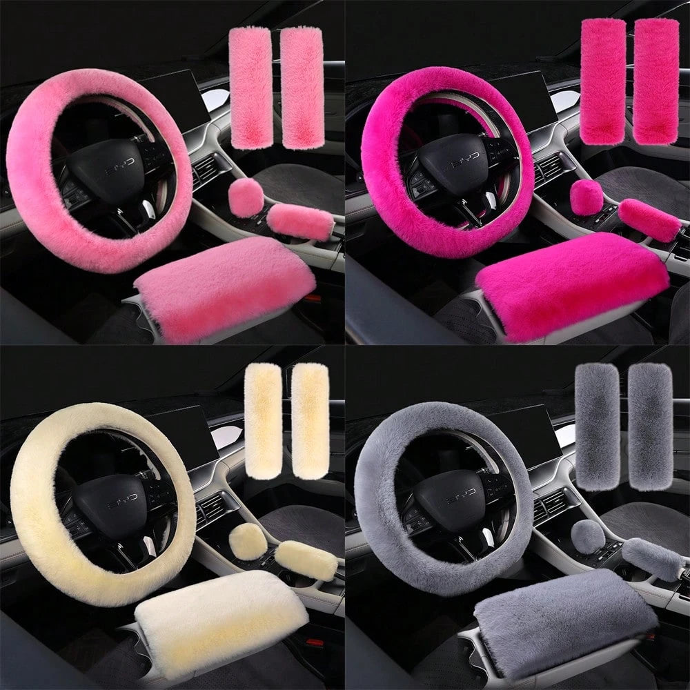 3/6pcs Winter Rabbit Plush Car Steering Wheel Cover Elastic Handle Cover Hand Brake Gear Set Car Accessories Interior