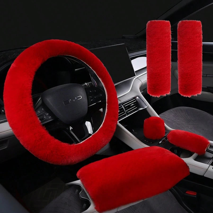 3/6pcs Winter Rabbit Plush Car Steering Wheel Cover Elastic Handle Cover Hand Brake Gear Set Car Accessories Interior