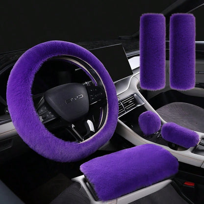 3/6pcs Winter Rabbit Plush Car Steering Wheel Cover Elastic Handle Cover Hand Brake Gear Set Car Accessories Interior