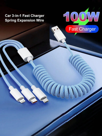 3-In-1 100w(Max) Fast Charging Usb Data Cable Spring/Straight Line USB Charging Cable Length Adjustable Nylon, Compatible With IPhone16/15/14/13/12/11 (The Spring USB Charging Cable MAX Expansion Size