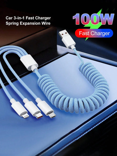 3-In-1 100w(Max) Fast Charging Usb Data Cable Spring/Straight Line USB Charging Cable Length Adjustable Nylon, Compatible With IPhone16/15/14/13/12/11 (The Spring USB Charging Cable MAX Expansion Size