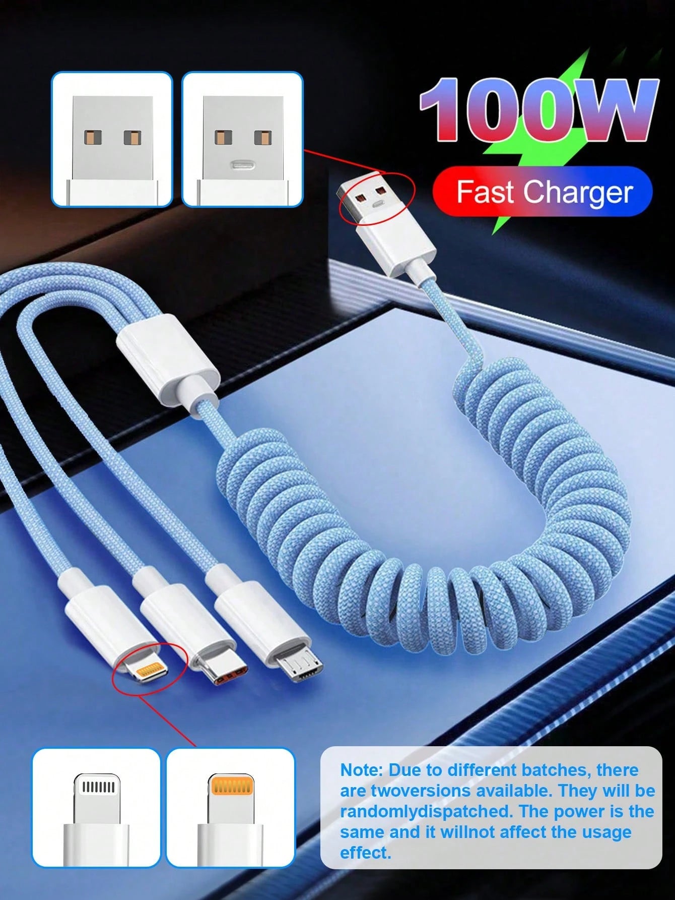 3-In-1 100w(Max) Fast Charging Usb Data Cable Spring/Straight Line USB Charging Cable Length Adjustable Nylon, Compatible With IPhone16/15/14/13/12/11 (The Spring USB Charging Cable MAX Expansion Size