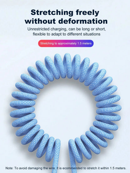 3-In-1 100w(Max) Fast Charging Usb Data Cable Spring/Straight Line USB Charging Cable Length Adjustable Nylon, Compatible With IPhone16/15/14/13/12/11 (The Spring USB Charging Cable MAX Expansion Size