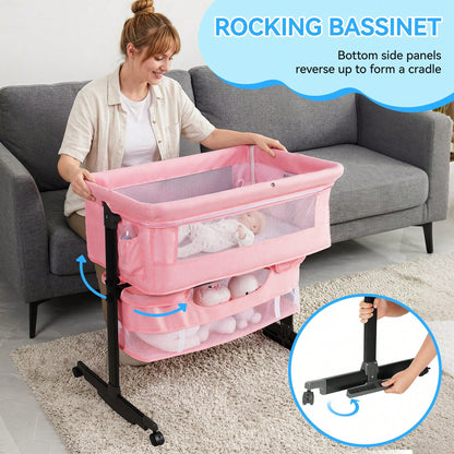 3-In-1 Baby Crib| Baby Bassinet,Height Adjustable Baby Bed With Smooth-Glide Wheels & Breathable Mesh, Newborn Essentials Gift For New Moms,Baby Need