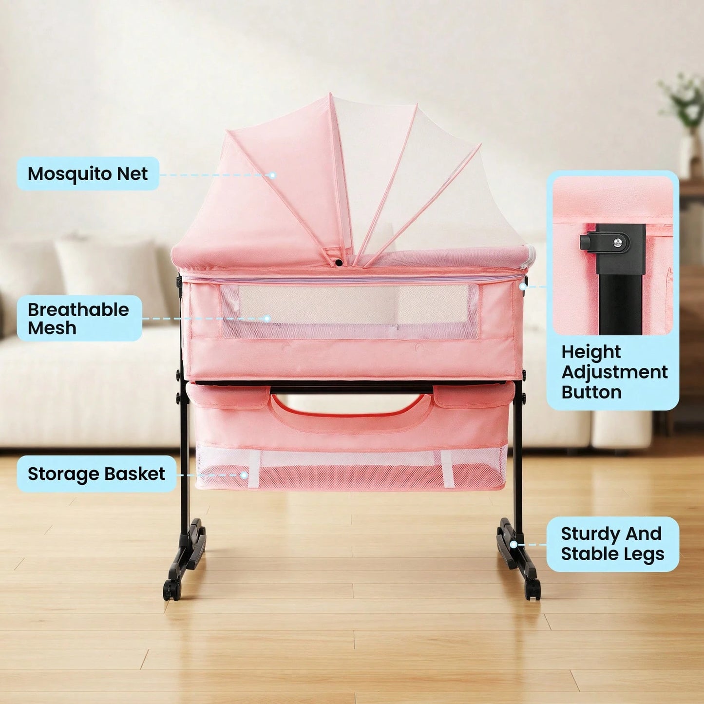 3-In-1 Baby Crib| Baby Bassinet,Height Adjustable Baby Bed With Smooth-Glide Wheels & Breathable Mesh, Newborn Essentials Gift For New Moms,Baby Need
