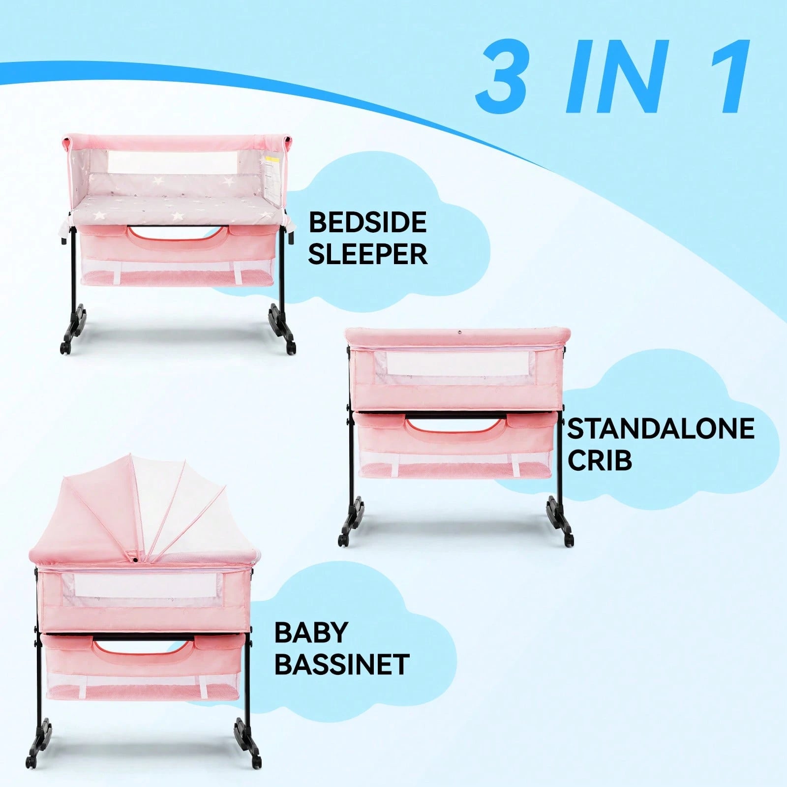 3-In-1 Baby Crib| Baby Bassinet,Height Adjustable Baby Bed With Smooth-Glide Wheels & Breathable Mesh, Newborn Essentials Gift For New Moms,Baby Need