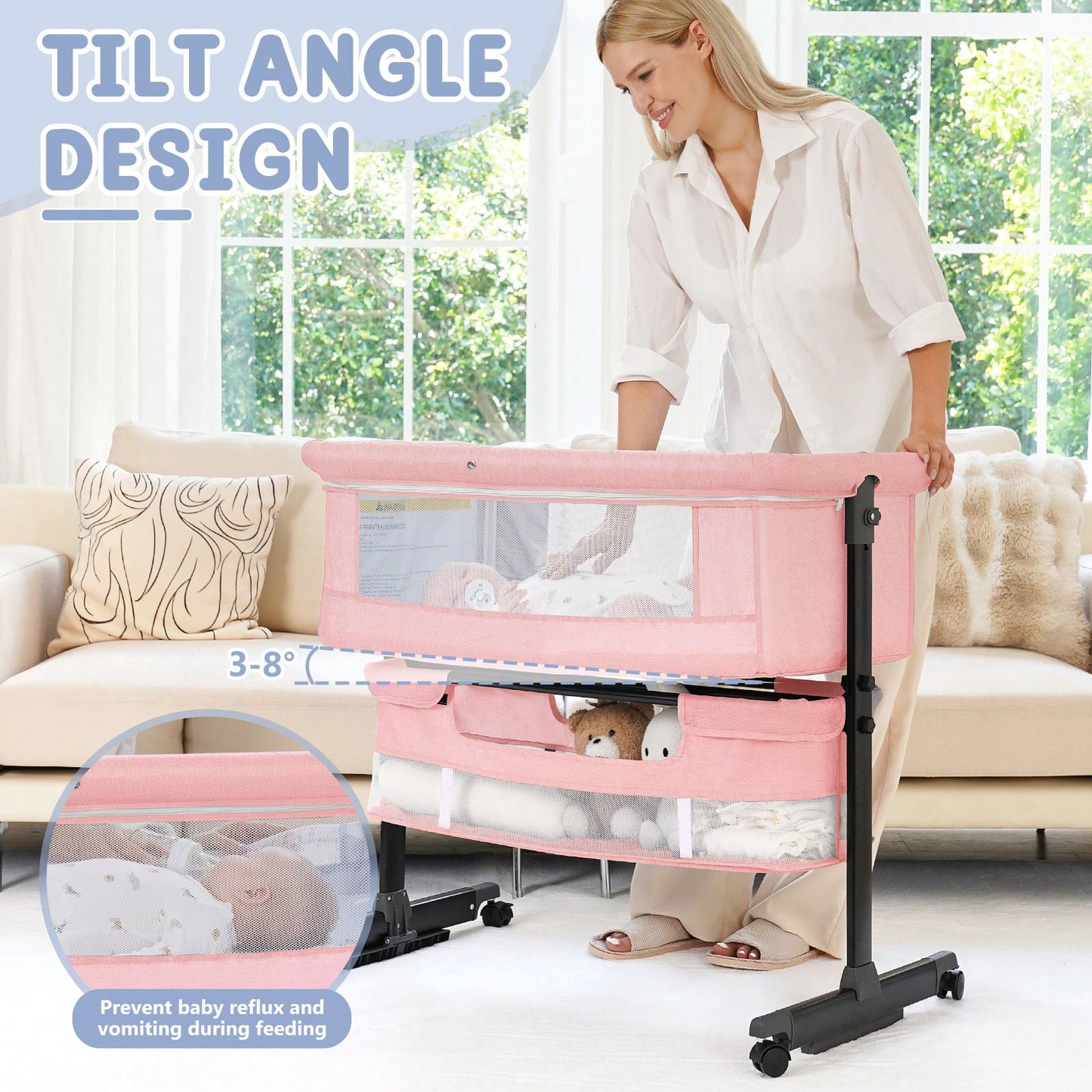 3-In-1 Baby Crib| Baby Bassinet,Height Adjustable Baby Bed With Smooth-Glide Wheels & Breathable Mesh, Newborn Essentials Gift For New Moms,Baby Need