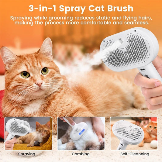 3-In-1 Cat Steam Brush, Pet Steam Brush Suitable For Long & Short Hair Cats And Dogs, Pet Deshedding Spray Brush For Small Animals Shedding And Grooming, With Release Button Water Mist Spray