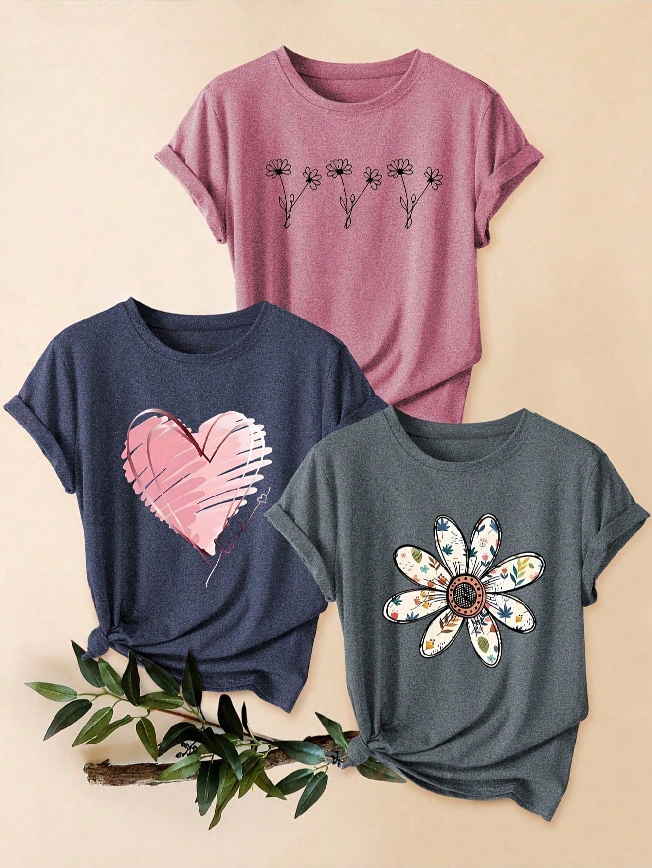 3-Pack Plus Size Casual Short Sleeve Round Neck Knit Top For Women Stylish Regular Sleeve Fitted T-Shirt With Flower Pattern
