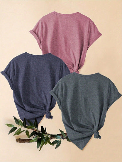 3-Pack Plus Size Casual Short Sleeve Round Neck Knit Top For Women Stylish Regular Sleeve Fitted T-Shirt With Flower Pattern