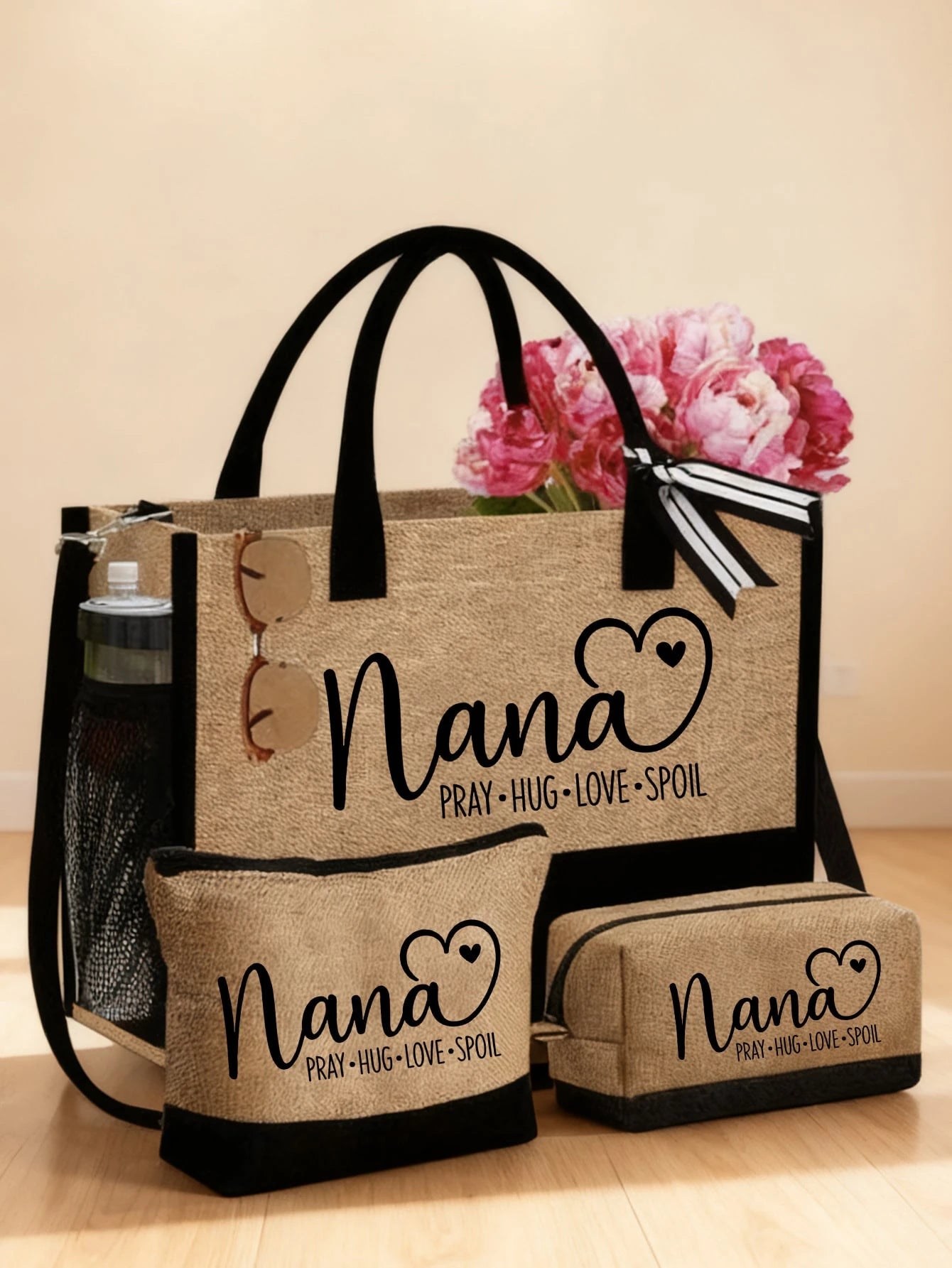3-Piece Linen Tote Bag Set, Featuring Nana Love Letter Pattern, Fashion Handbag, Wallet, Portable Casual Storage Tote Bag, Large Capacity Tote, Multifunctional Shoulder Bag, Handbag, Fashionable Trave
