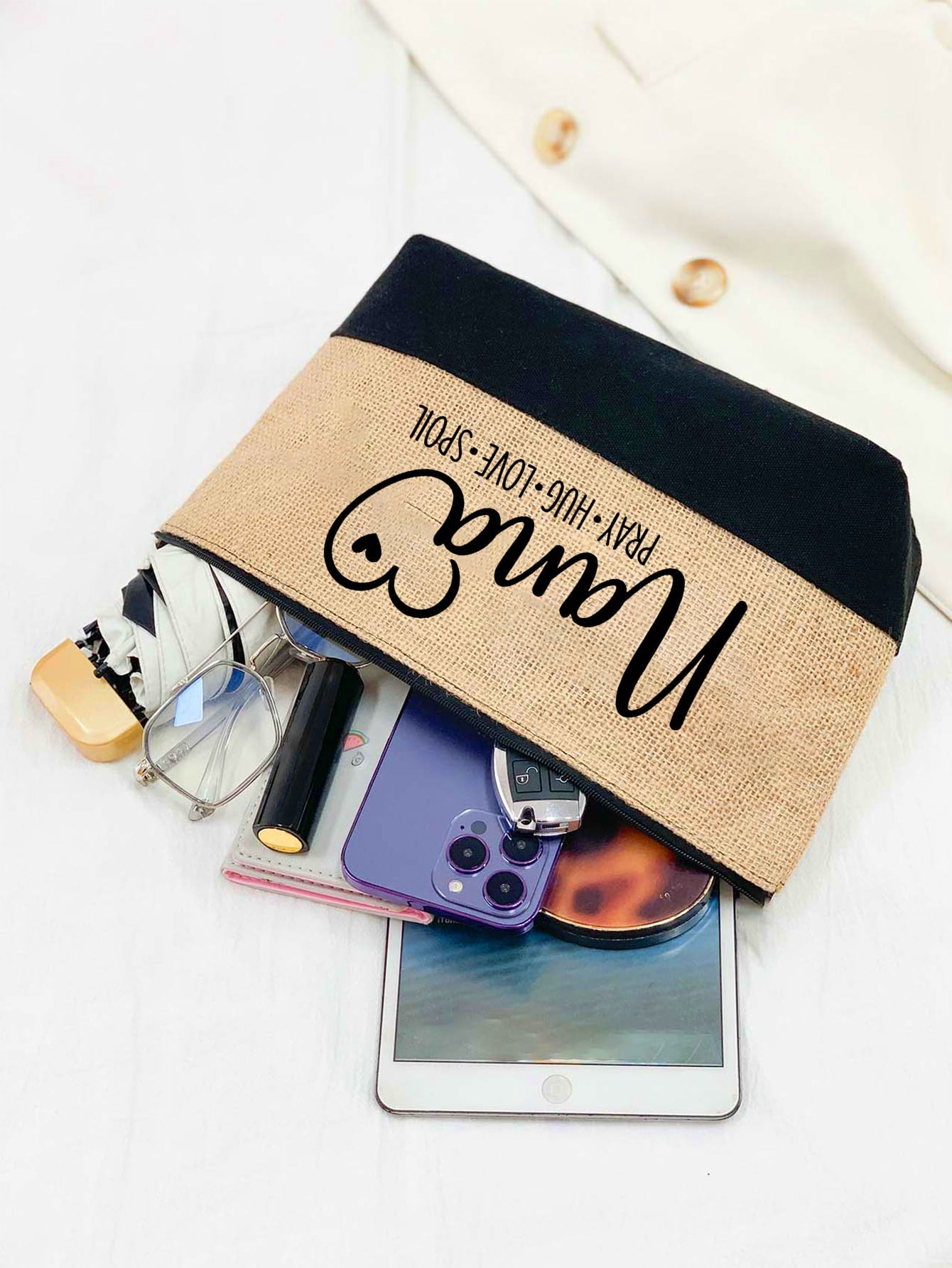 3-Piece Linen Tote Bag Set, Featuring Nana Love Letter Pattern, Fashion Handbag, Wallet, Portable Casual Storage Tote Bag, Large Capacity Tote, Multifunctional Shoulder Bag, Handbag, Fashionable Trave