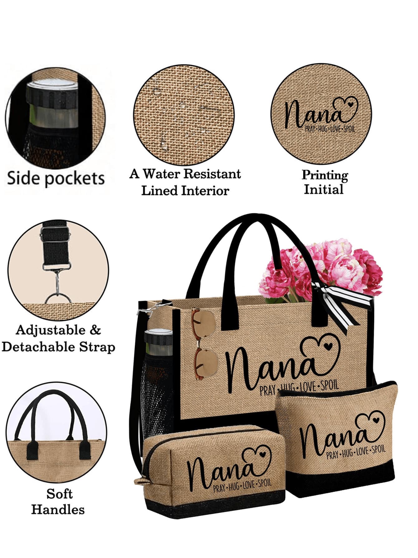 3-Piece Linen Tote Bag Set, Featuring Nana Love Letter Pattern, Fashion Handbag, Wallet, Portable Casual Storage Tote Bag, Large Capacity Tote, Multifunctional Shoulder Bag, Handbag, Fashionable Trave