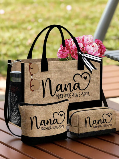 3-Piece Linen Tote Bag Set, Featuring Nana Love Letter Pattern, Fashion Handbag, Wallet, Portable Casual Storage Tote Bag, Large Capacity Tote, Multifunctional Shoulder Bag, Handbag, Fashionable Trave
