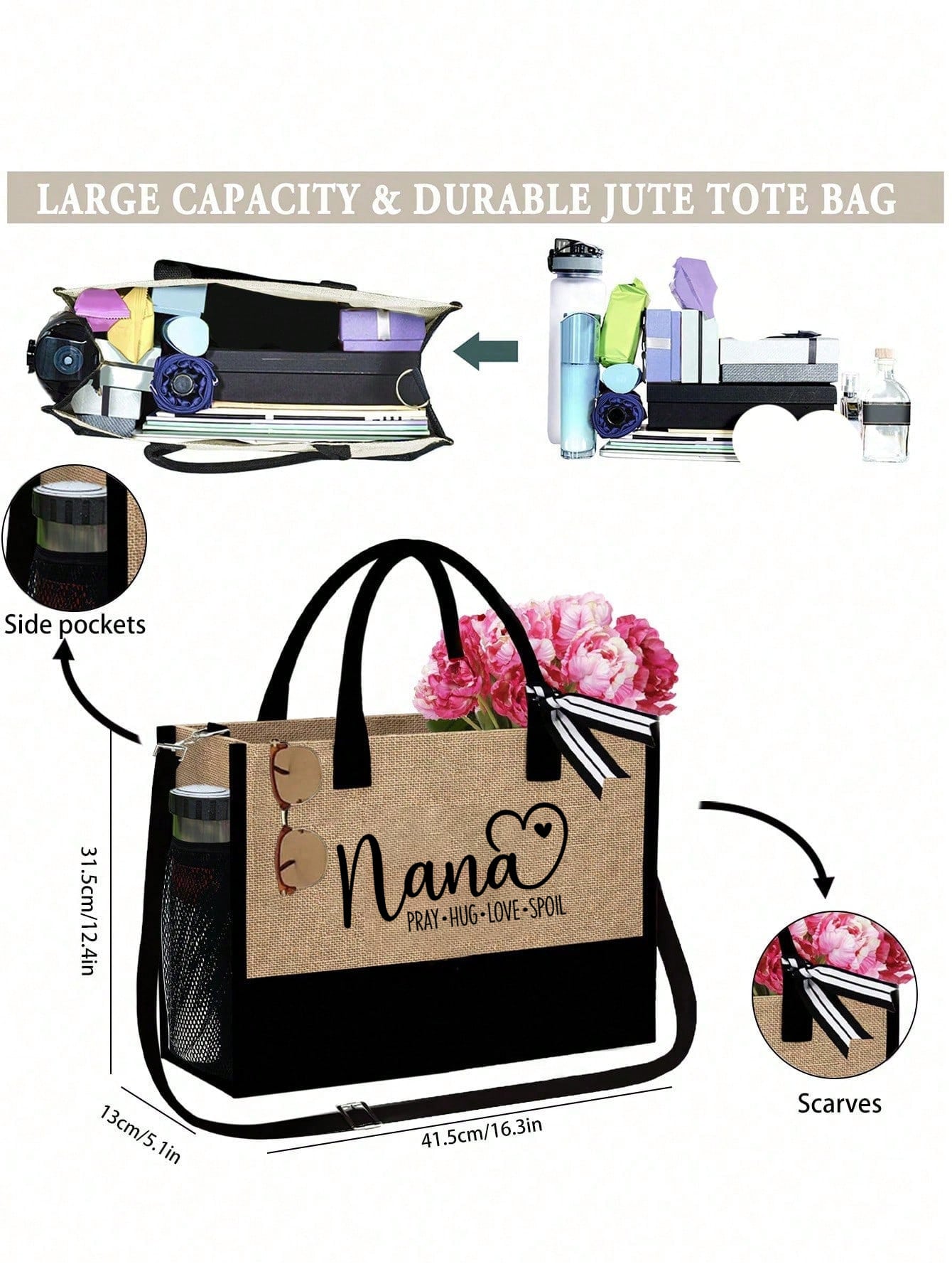 3-Piece Linen Tote Bag Set, Featuring Nana Love Letter Pattern, Fashion Handbag, Wallet, Portable Casual Storage Tote Bag, Large Capacity Tote, Multifunctional Shoulder Bag, Handbag, Fashionable Trave