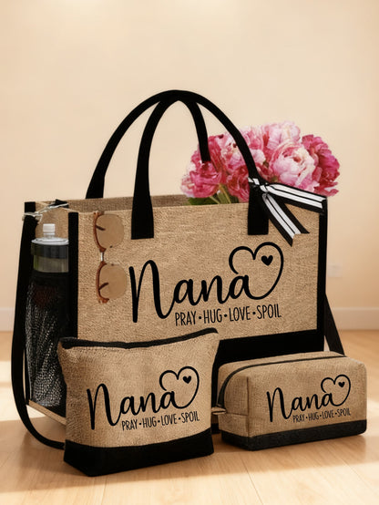 3-Piece Linen Tote Bag Set, Featuring Nana Love Letter Pattern, Fashion Handbag, Wallet, Portable Casual Storage Tote Bag, Large Capacity Tote, Multifunctional Shoulder Bag, Handbag, Fashionable Trave