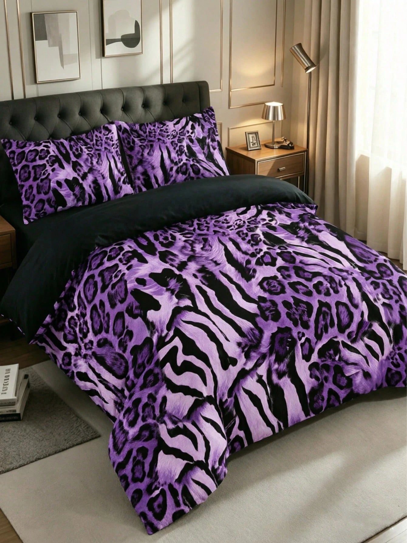 3-Piece Luxury Black Leopard Print Gothic Style Duvet Cover Set, Pillowcase Pattern Random, Duvet Cover Set (1 Duvet Cover + 2 Pillowcases, Pillow Inserts Not Included), Soft Warm Comfortable Bedroom