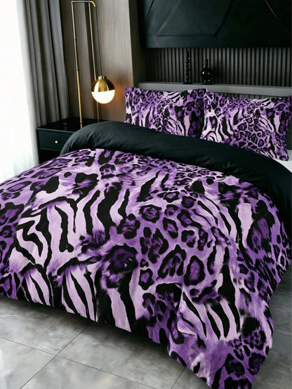 3-Piece Luxury Black Leopard Print Gothic Style Duvet Cover Set, Pillowcase Pattern Random, Duvet Cover Set (1 Duvet Cover + 2 Pillowcases, Pillow Inserts Not Included), Soft Warm Comfortable Bedroom