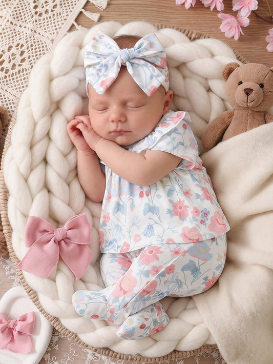 3-Piece Newborn Baby Girls Pajamas Set,Peter Pan Collar Summer Cute Floral Soft Knit Short Sleeve Top Footed Pants&Headband,Photoshooting Sleepwear