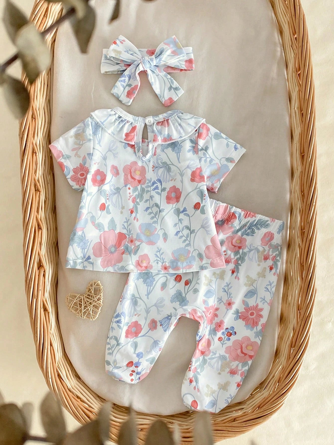 3-Piece Newborn Baby Girls Pajamas Set,Peter Pan Collar Summer Cute Floral Soft Knit Short Sleeve Top Footed Pants&Headband,Photoshooting Sleepwear