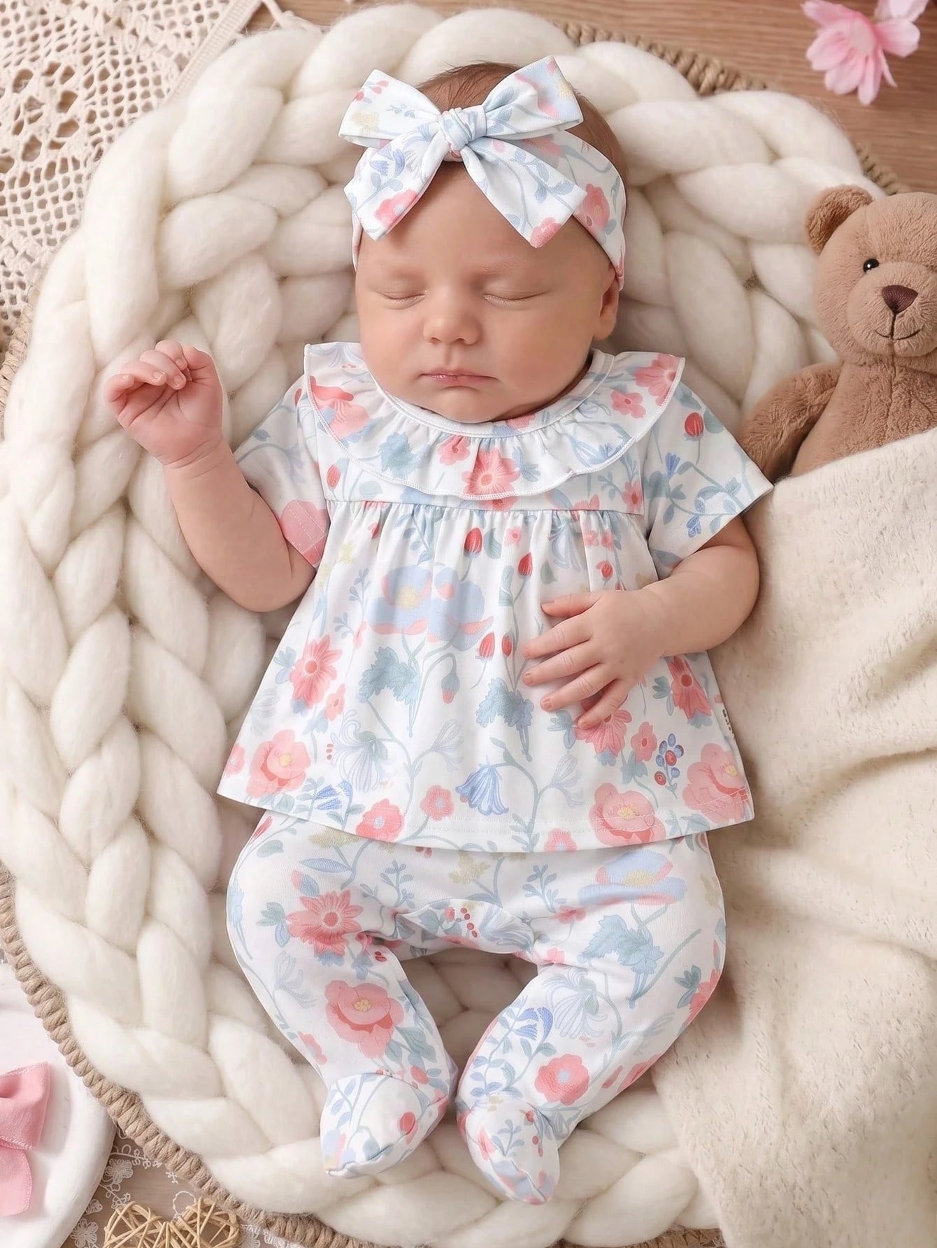3-Piece Newborn Baby Girls Pajamas Set,Peter Pan Collar Summer Cute Floral Soft Knit Short Sleeve Top Footed Pants&Headband,Photoshooting Sleepwear