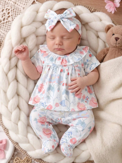 3-Piece Newborn Baby Girls Pajamas Set,Peter Pan Collar Summer Cute Floral Soft Knit Short Sleeve Top Footed Pants&Headband,Photoshooting Sleepwear