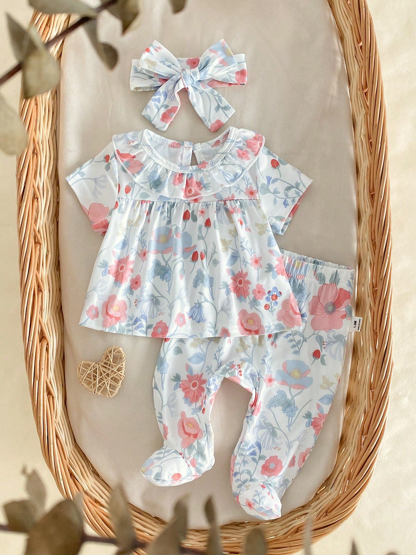 3-Piece Newborn Baby Girls Pajamas Set,Peter Pan Collar Summer Cute Floral Soft Knit Short Sleeve Top Footed Pants&Headband,Photoshooting Sleepwear