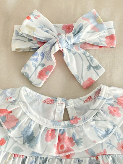 3-Piece Newborn Baby Girls Pajamas Set,Peter Pan Collar Summer Cute Floral Soft Knit Short Sleeve Top Footed Pants&Headband,Photoshooting Sleepwear