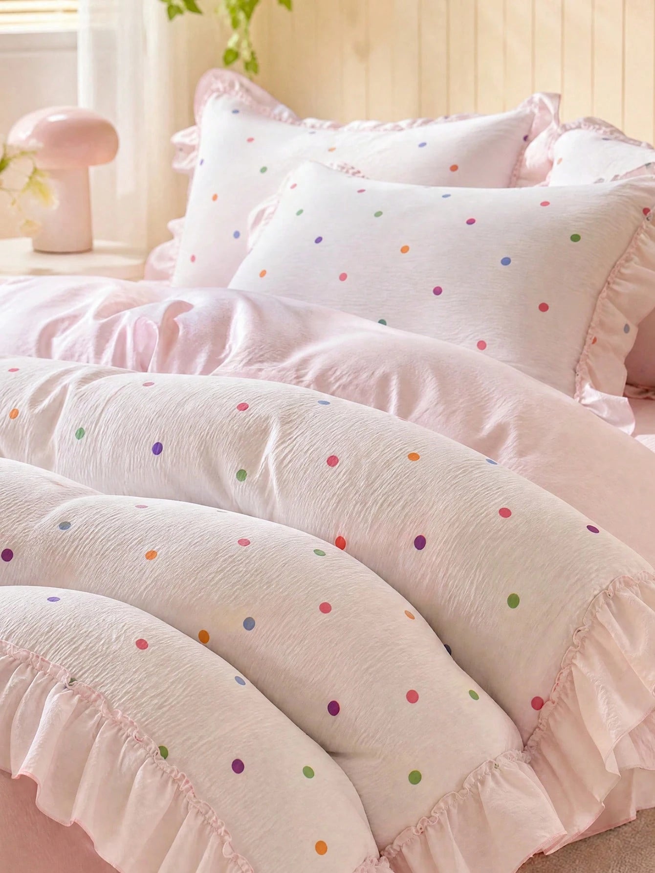 3-Piece Set Of Wrinkled Yarn Korean Lace Bedding Quilt Cover Set, Including 1 Quilt Cover And 2 Pillowcases (Excluding Core), Cute Color Polka Dot Printing Quilt Cover, The Fabric Is Comfortable