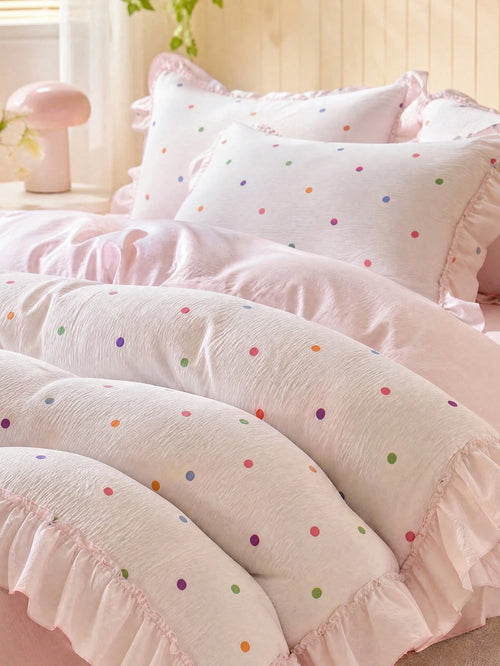 3-Piece Set Of Wrinkled Yarn Korean Lace Bedding Quilt Cover Set, Including 1 Quilt Cover And 2 Pillowcases (Excluding Core), Cute Color Polka Dot Printing Quilt Cover, The Fabric Is Comfortable