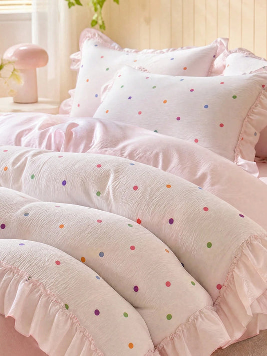 3-Piece Set Of Wrinkled Yarn Korean Lace Bedding Quilt Cover Set, Including 1 Quilt Cover And 2 Pillowcases (Excluding Core), Cute Color Polka Dot Printing Quilt Cover, The Fabric Is Comfortable