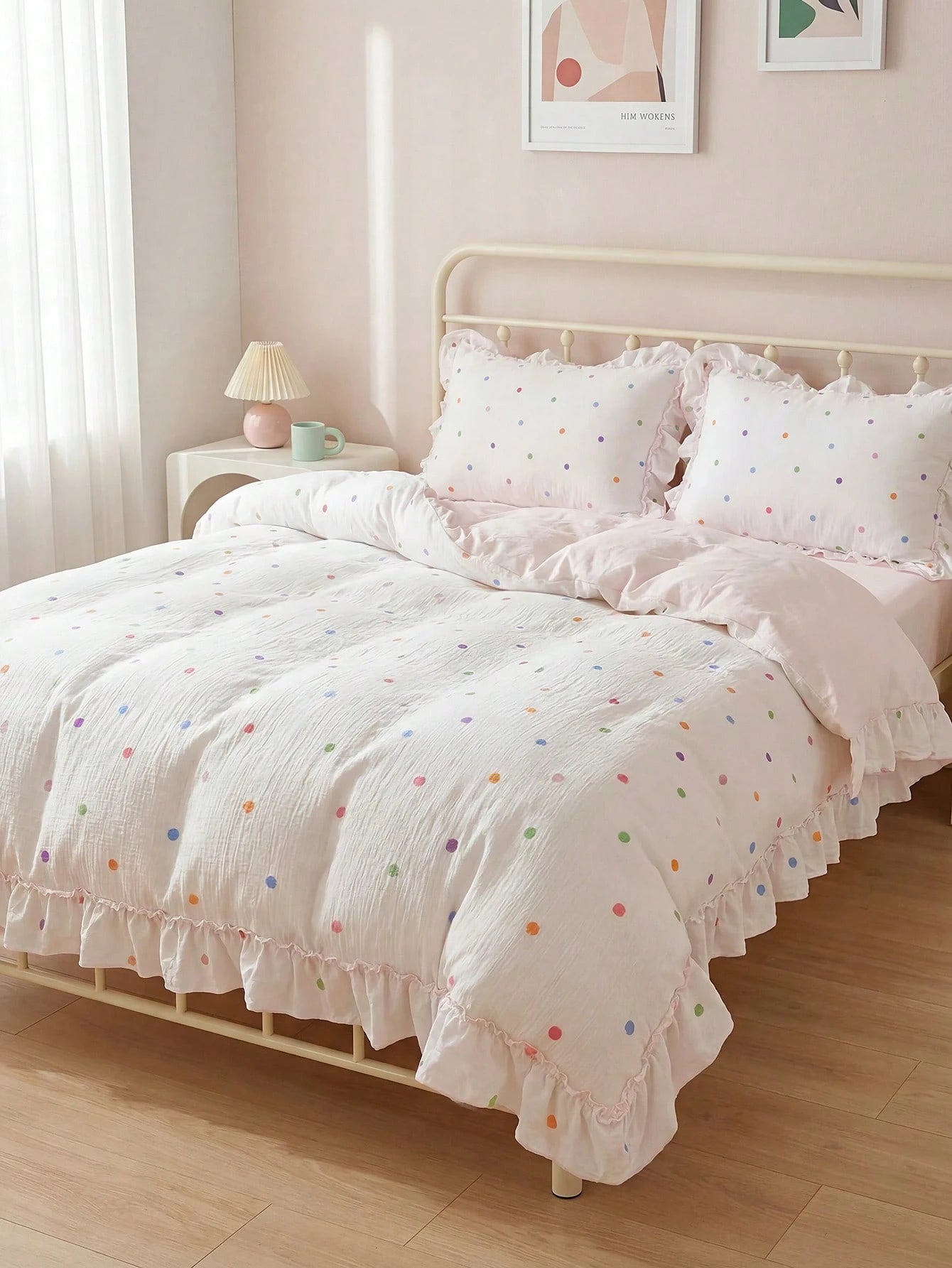 3-Piece Set Of Wrinkled Yarn Korean Lace Bedding Quilt Cover Set, Including 1 Quilt Cover And 2 Pillowcases (Excluding Core), Cute Color Polka Dot Printing Quilt Cover, The Fabric Is Comfortable