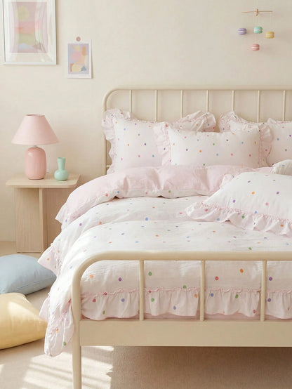 3-Piece Set Of Wrinkled Yarn Korean Lace Bedding Quilt Cover Set, Including 1 Quilt Cover And 2 Pillowcases (Excluding Core), Cute Color Polka Dot Printing Quilt Cover, The Fabric Is Comfortable