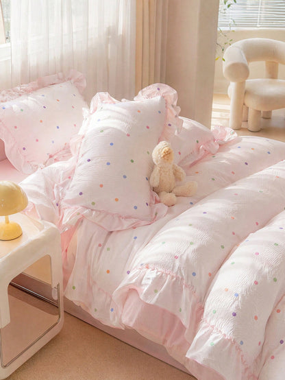 3-Piece Set Of Wrinkled Yarn Korean Lace Bedding Quilt Cover Set, Including 1 Quilt Cover And 2 Pillowcases (Excluding Core), Cute Color Polka Dot Printing Quilt Cover, The Fabric Is Comfortable