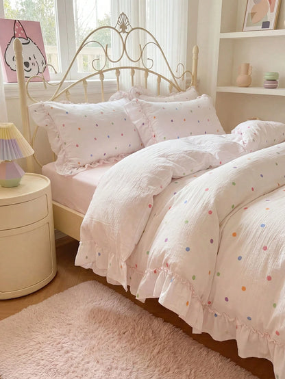 3-Piece Set Of Wrinkled Yarn Korean Lace Bedding Quilt Cover Set, Including 1 Quilt Cover And 2 Pillowcases (Excluding Core), Cute Color Polka Dot Printing Quilt Cover, The Fabric Is Comfortable