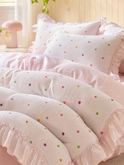 3-Piece Set Of Wrinkled Yarn Korean Lace Bedding Quilt Cover Set, Including 1 Quilt Cover And 2 Pillowcases (Excluding Core), Cute Color Polka Dot Printing Quilt Cover, The Fabric Is Comfortable