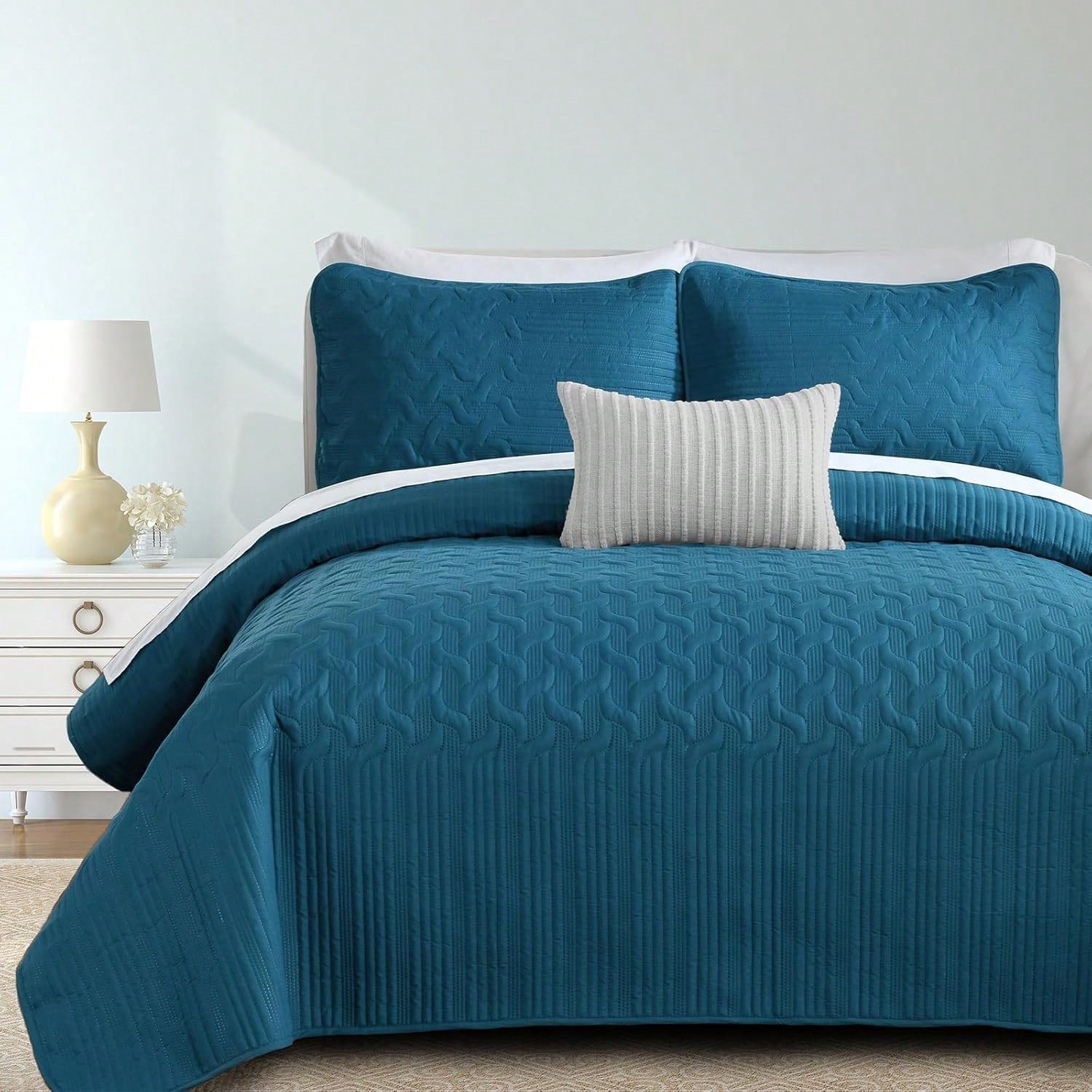 3 Pieces Queen Size King Size Reversible Bedspreads Bedding Set,Teal Blue Coverlet With 2 Pillowcases For Wedding Items,Home Bed Room Decor,Home Decor And Accessories,All Season