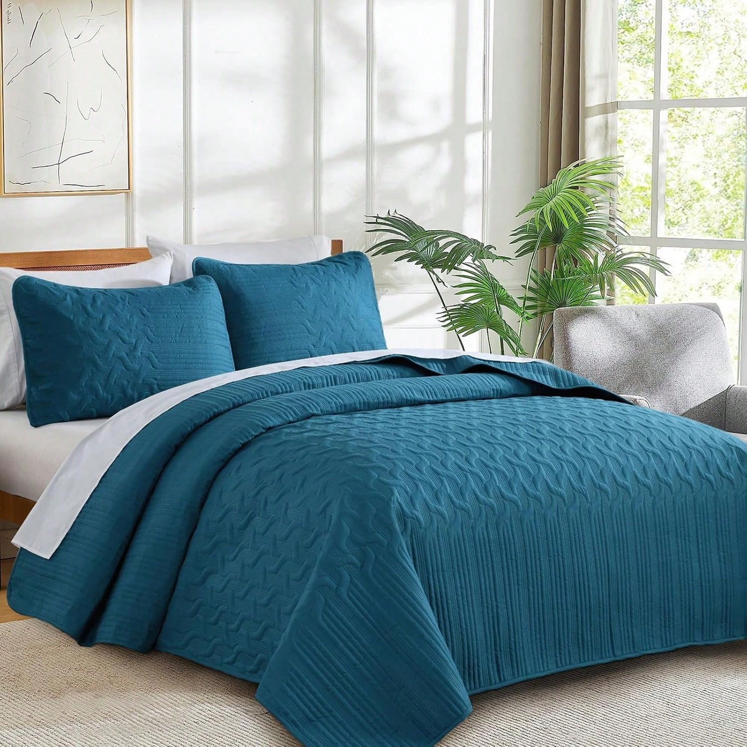3 Pieces Queen Size King Size Reversible Bedspreads Bedding Set,Teal Blue Coverlet With 2 Pillowcases For Wedding Items,Home Bed Room Decor,Home Decor And Accessories,All Season