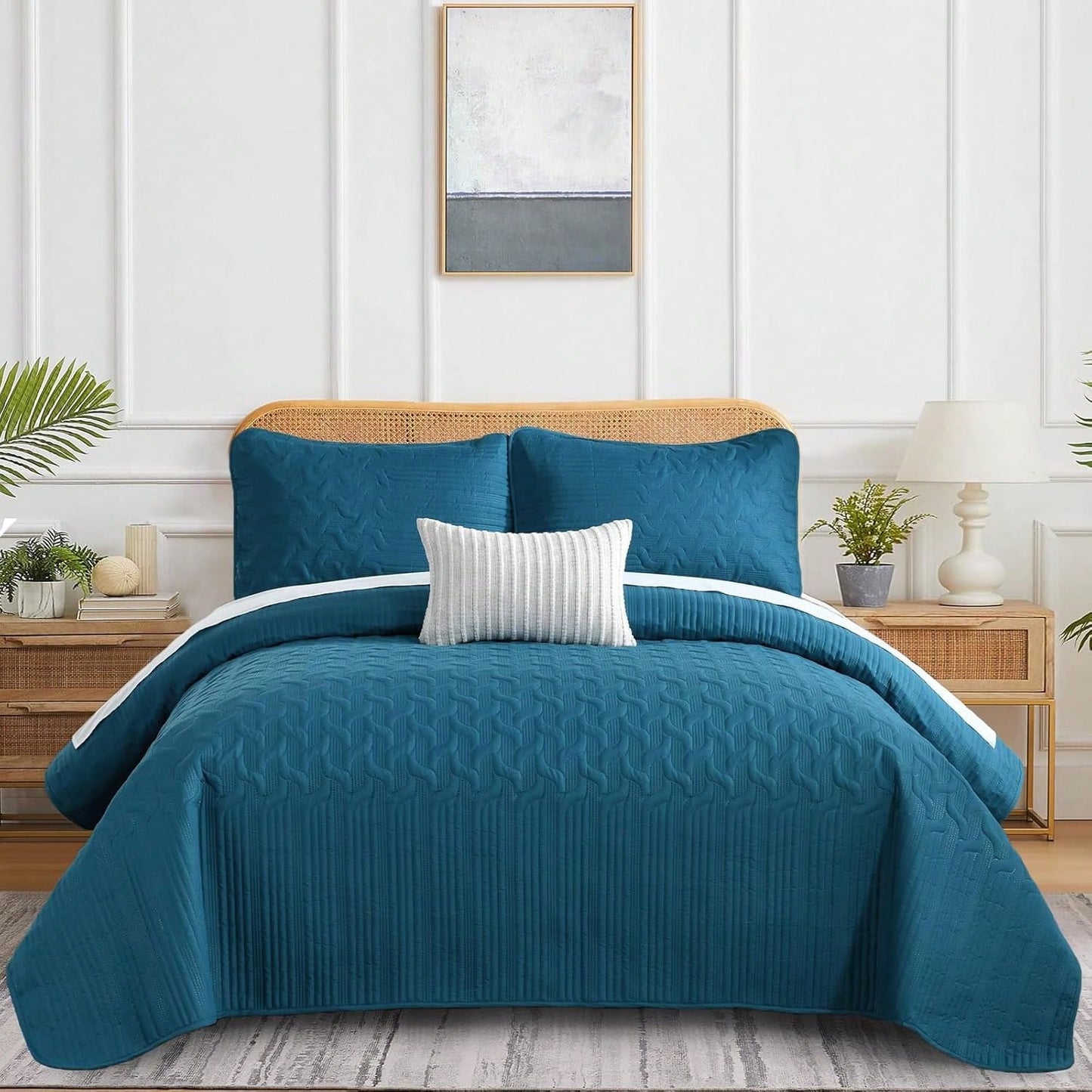 3 Pieces Queen Size King Size Reversible Bedspreads Bedding Set,Teal Blue Coverlet With 2 Pillowcases For Wedding Items,Home Bed Room Decor,Home Decor And Accessories,All Season