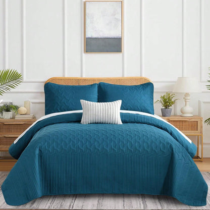 3 Pieces Queen Size King Size Reversible Bedspreads Bedding Set,Teal Blue Coverlet With 2 Pillowcases For Wedding Items,Home Bed Room Decor,Home Decor And Accessories,All Season