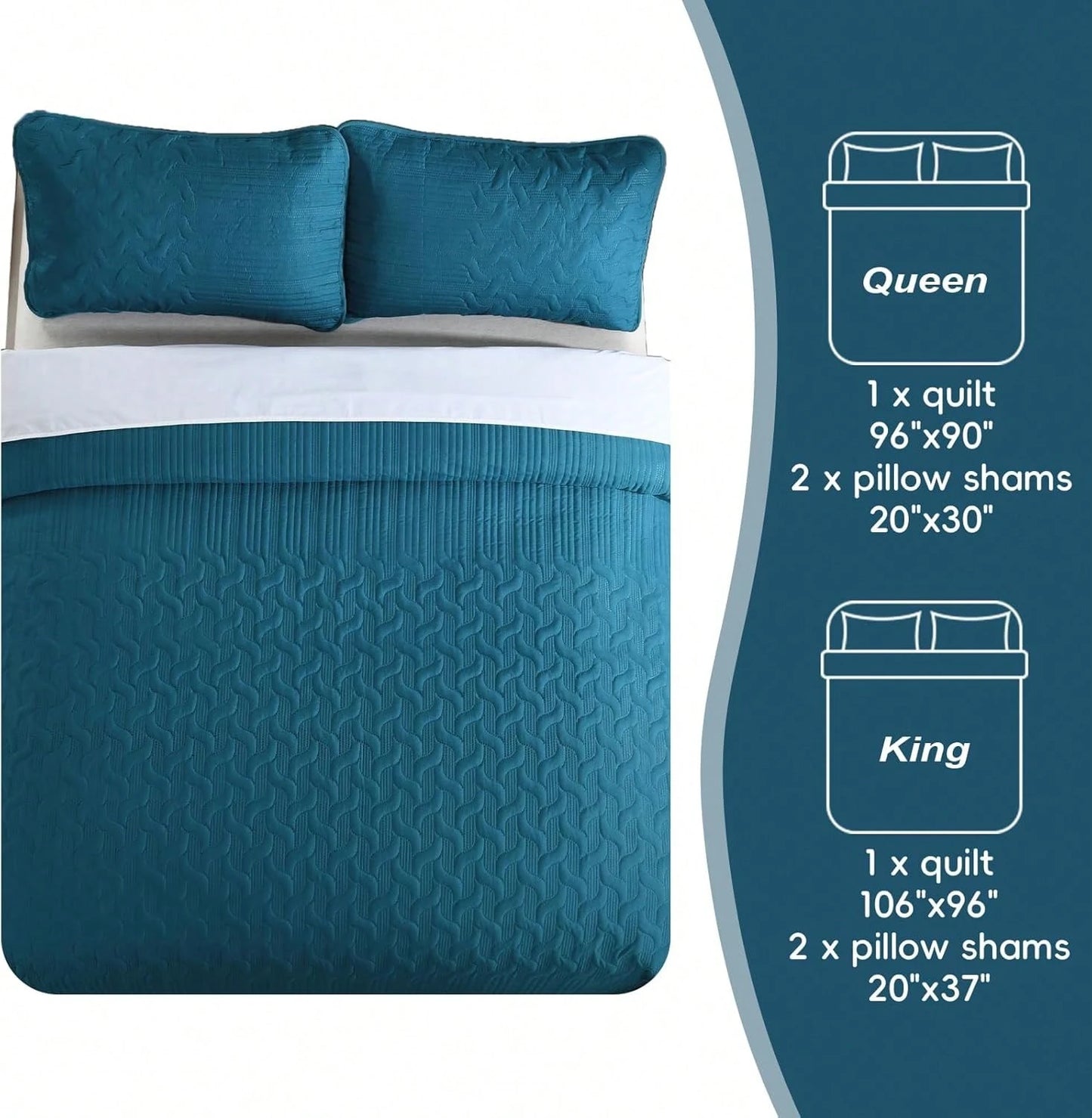 3 Pieces Queen Size King Size Reversible Bedspreads Bedding Set,Teal Blue Coverlet With 2 Pillowcases For Wedding Items,Home Bed Room Decor,Home Decor And Accessories,All Season