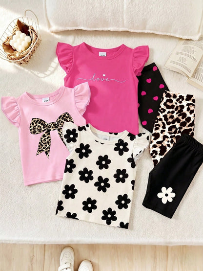 3 Sets Baby Girl Fashion Heart T-Shirt Top With Heart Print Shorts, Leopard Bow T-Shirt Top With Leopard Print Shorts, Floral Print Crew Neck Short Sleeve T-Shirt Top With Flower Print Shorts Multi-Pi