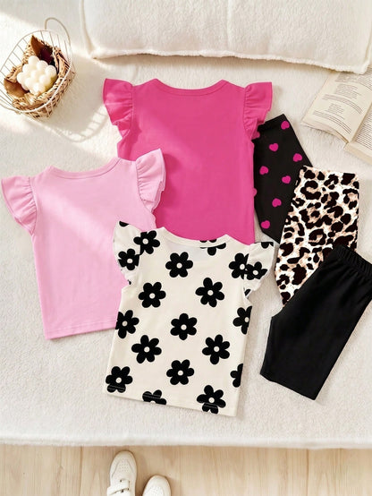 3 Sets Baby Girl Fashion Heart T-Shirt Top With Heart Print Shorts, Leopard Bow T-Shirt Top With Leopard Print Shorts, Floral Print Crew Neck Short Sleeve T-Shirt Top With Flower Print Shorts Multi-Pi