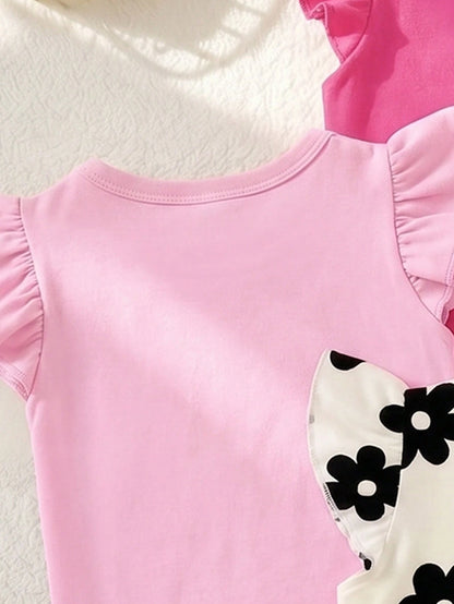3 Sets Baby Girl Fashion Heart T-Shirt Top With Heart Print Shorts, Leopard Bow T-Shirt Top With Leopard Print Shorts, Floral Print Crew Neck Short Sleeve T-Shirt Top With Flower Print Shorts Multi-Pi