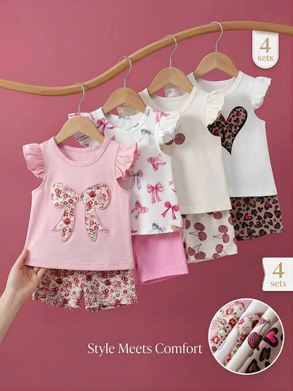 3 Sets Baby Girl Fashion Heart T-Shirt Top With Heart Print Shorts, Leopard Bow T-Shirt Top With Leopard Print Shorts, Floral Print Crew Neck Short Sleeve T-Shirt Top With Flower Print Shorts Multi-Pi