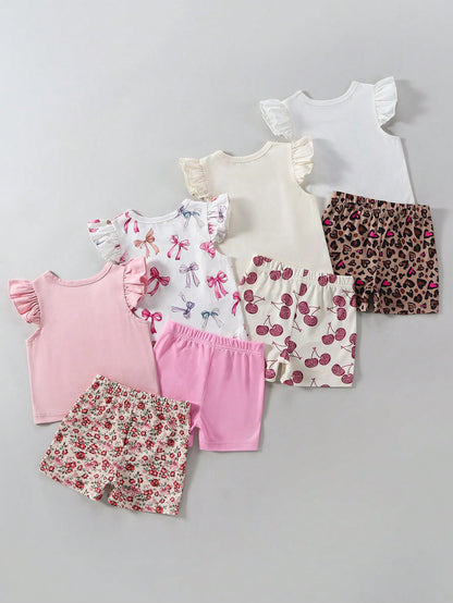 3 Sets Baby Girl Fashion Heart T-Shirt Top With Heart Print Shorts, Leopard Bow T-Shirt Top With Leopard Print Shorts, Floral Print Crew Neck Short Sleeve T-Shirt Top With Flower Print Shorts Multi-Pi